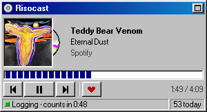 The Now playing widget: a Windows 98 window with the song's cover and a pixel CD sliding out of it, the title, artist and app, a block progress bar, previous, pause, next and like buttons, and a status bar reading “Logging · counts in 0:48” and “53 today”