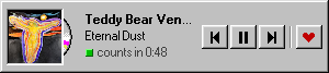 The Song strip widget: the cover with its CD, the title and artist, a green logging light, and previous, pause, next and like buttons in one row