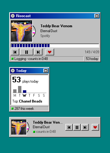 A phone home screen with a plain teal Windows 98 wallpaper and the three Risocast widgets: Now playing at the top, Today below it and the Song strip at the bottom